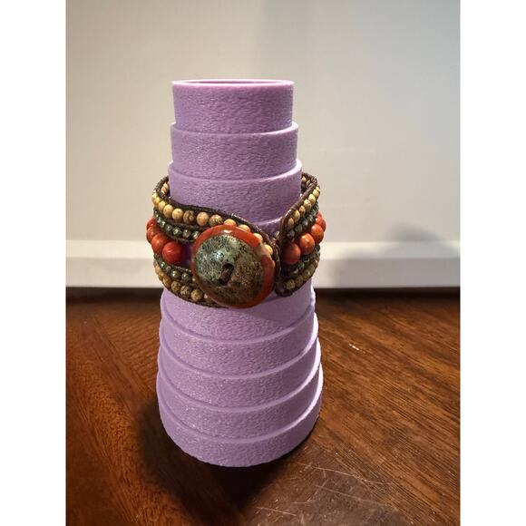 Beaded Leather Wrap Bracelet BOHO Button - Picture 3 of 3